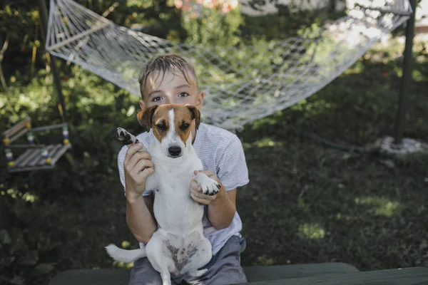 Chłopiec Siedzi Jackiem Russellem Terrierem Kolanach Ogrodzie — Zdjęcie stockowe