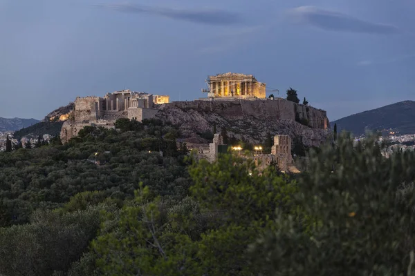 Grecia Atenas Vista Acrópolis Desde Pnyx Hora Azul —  Fotos de Stock