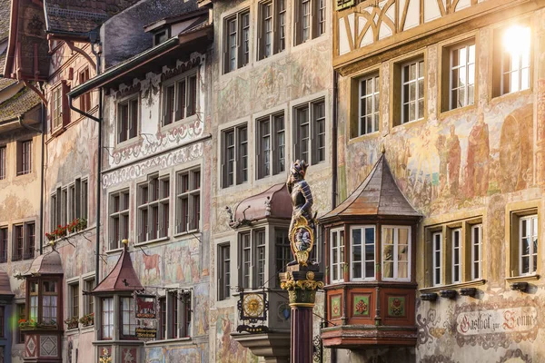 Switzerland Stein Rhein Old Town Historical Houses Townhall Square Fresco — Stock Photo, Image