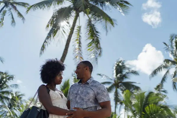 Usa Florida Miami Beach Happy Young Couple Palm Trees Summer — Stock Photo, Image