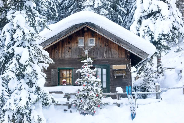 Austria Altenmarkt Zauchensee Christmas Tree Wooden House Snow — Stock Photo, Image