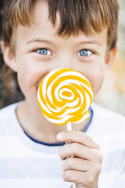 Portrait Little Boy Lollipop — Stock Photo, Image