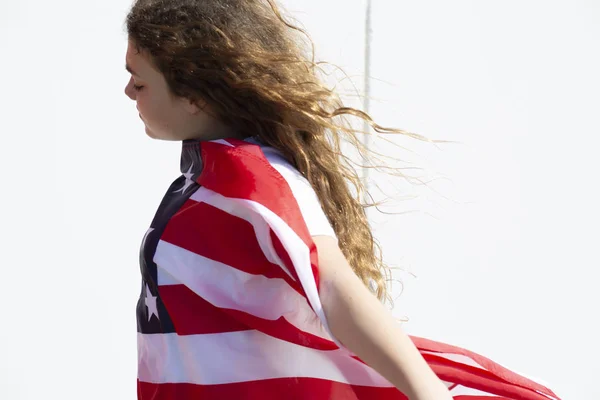 Girl American Flag Outdoors — Stock Photo, Image