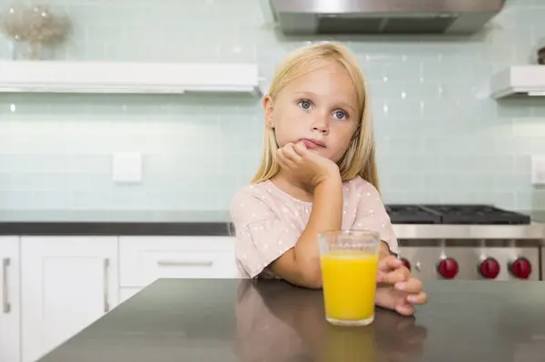 Portrait Pensive Girl Kitchen Glass Orange Juice — Stock Photo, Image