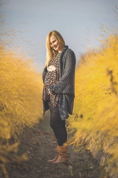 Mujer Embarazada Sonriente Pie Campo Espárragos Otoño — Foto de Stock