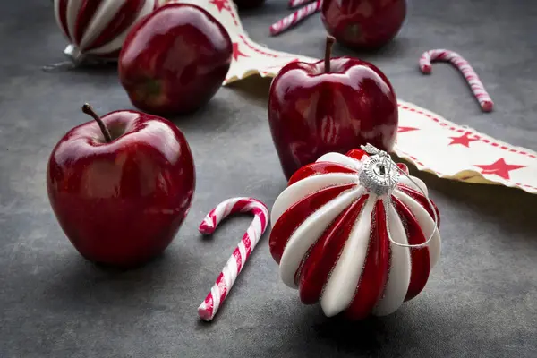 Christmas Apples Candy Canes Decoration — Stock Photo, Image