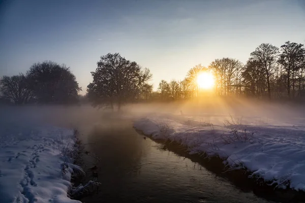 Alemania Landshut Paisaje Brumoso Invierno Amanecer —  Fotos de Stock