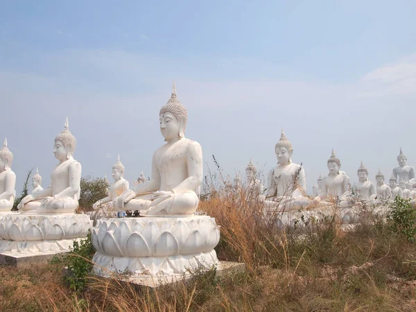 Sakeaw, Tayland - 29 Mart 2015: Satır beyaz Buda heykeli ibadet için sahada.