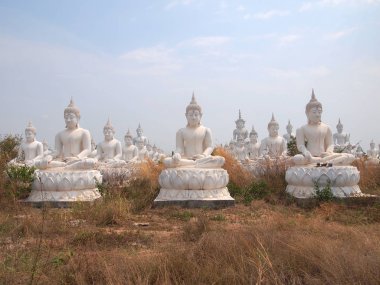 Sakeaw, Tayland - 29 Mart 2015: Satır beyaz Buda heykeli ibadet için sahada.