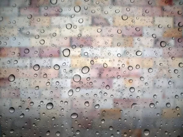 Close Drops Rain Glass Background Brick Wall Out Focus — Stock Photo, Image