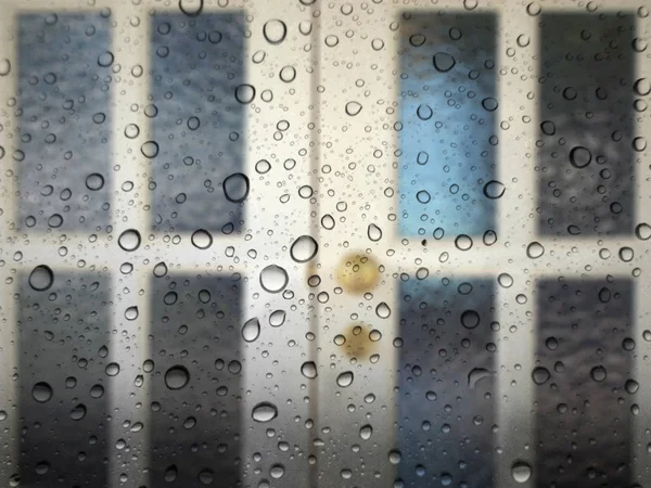 Close Drops Rain Glass Background Door Out Focus — Stock Photo, Image