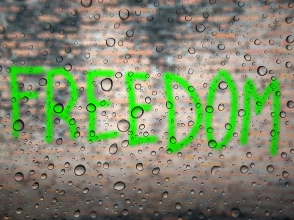 Close Drops Rain Glass Background Freedom Text Wall Out Focus — Stock Photo, Image