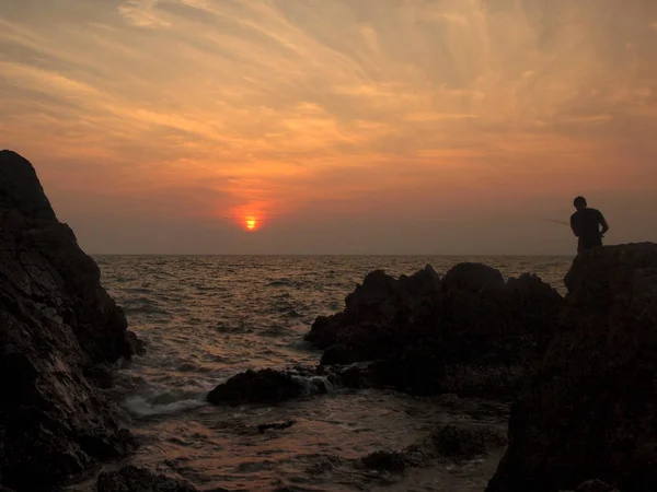 Fishermen Silhouette Sunset — Stock Photo, Image