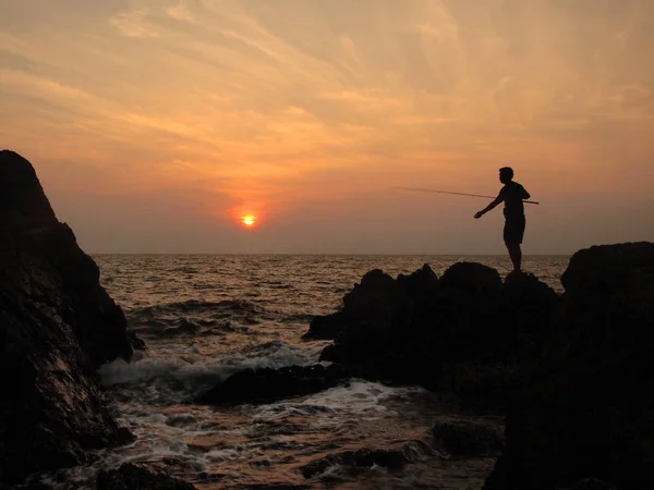 Fishermen Silhouette Sunset — Stock Photo, Image