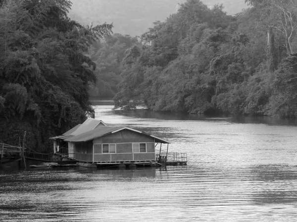 Black White Photo Houseboat River Kwai Yai Kanchanaburi Thailand — Stock Photo, Image