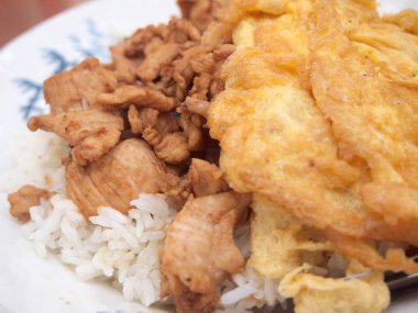 Kızarmış domuz rice ve omlet ile yakın çekim
