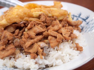 Kızarmış domuz rice ve omlet yakın kadar yumuşak odak ile