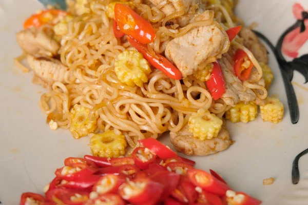 Noodles Pork Vegetable Stir Fry — Stock Photo, Image