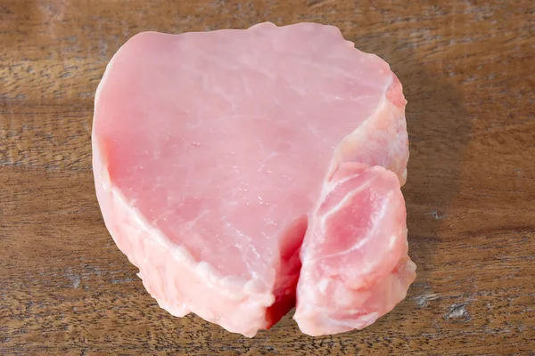 Close Slice Raw Pork Wood Background — Stock Photo, Image