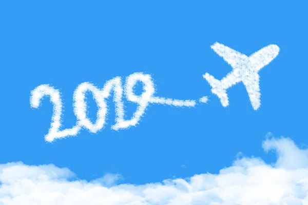 Uçak Şekil Bulutlar 2019 Rota Mutlu Yeni Yıl Kavramı — Stok fotoğraf