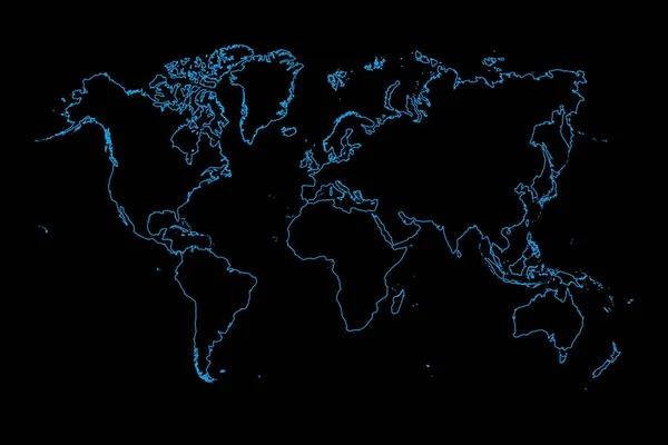 Blå karta över världen på svart bakgrund — Stockfoto