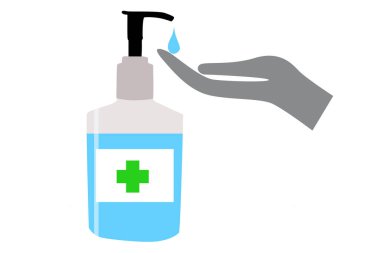 Beyaz arkaplanda el dezenfektanı çizimi.