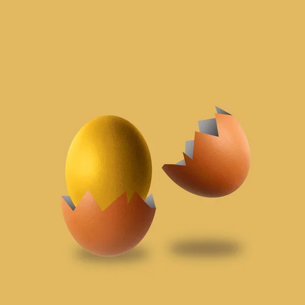 golden egg and broken egg on yellow background, 3d illustration