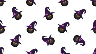 Beyaz arka planda şapkasız çizgi film giyen siyah kedi, illüstrasyon konsepti