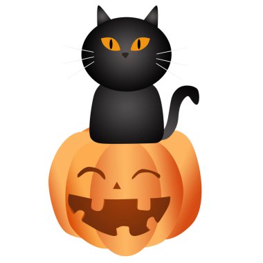 Beyaz arka planda balkabağı oturan siyah kedi, 3 boyutlu illüstrasyon kavramı