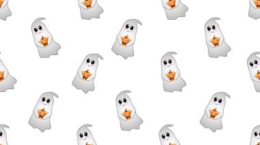 Beyaz arkaplanda balkabağı olmayan bir çizgi film tutan hayalet, 3 boyutlu illüstrasyon konsepti