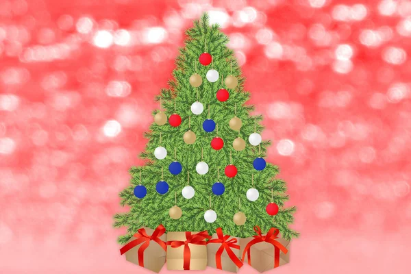 Weihnachtsschmuck Baum Auf Rotem Defokussierten Lichtern Hintergrund Frohes Neues Jahr — Stockfoto