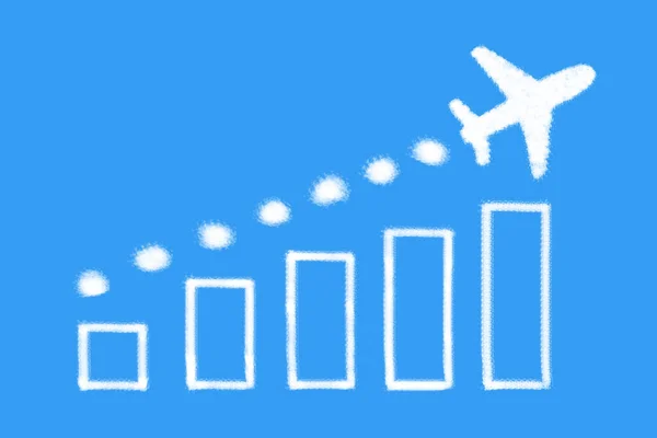 Plane on cloud shaped with growing shape cloud graph on blue background, Growth and successful concept.