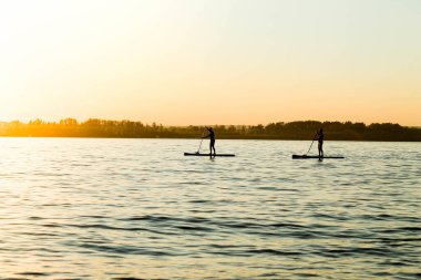 Ayakta kürek çekme tahtası. Gün batımında nehirde dersler.