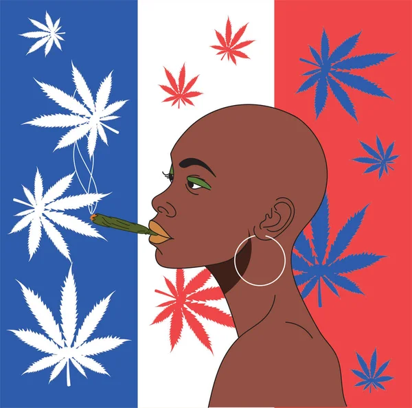 Woman with a cigarette on the background of the flag of France. — Stock Vector