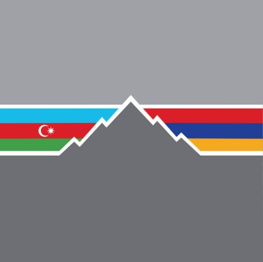 Dağın arka planında Ermenistan ve Azerbaycan bayrağı var. İki ülke arasında bir dağ sırası..