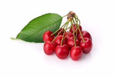 Cherry - Heap of berries isolated on white background. A bunch of cherries with leaves attached clipart