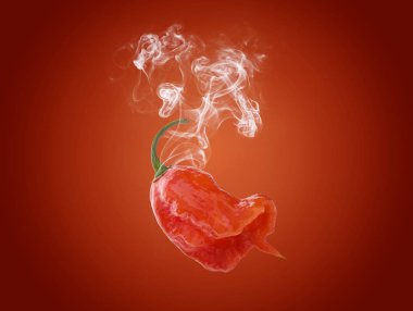 Carolina reaper pepper on red background with white smoke clipart