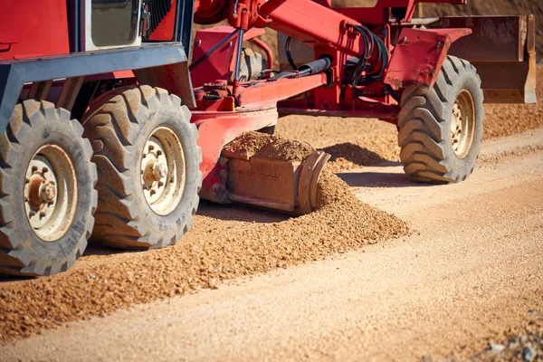 Road Grader Spreading Gravel Road Construction Site Closeup View — Stock Photo, Image