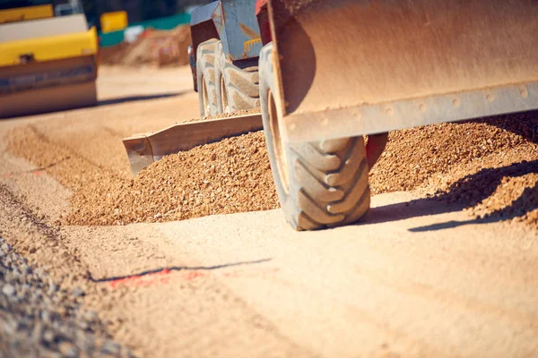 Road Grader Spreading Gravel Road Construction Site Closeup View — Stock Photo, Image