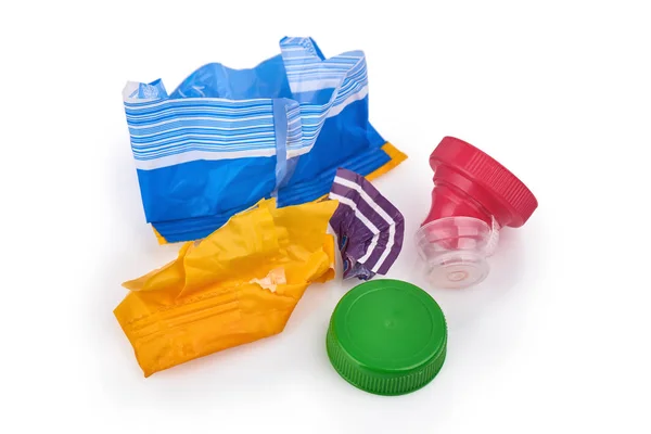 Desperdicios Plástico Tapas Bootle Aislados Sobre Fondo Blanco —  Fotos de Stock