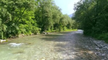 4k havadan görünüm. Güneşli yaz sabahı taze soğuk dağ nehri üzerinde düşük uçuş.
