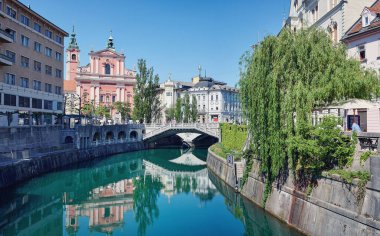 Güneşli bir günde Ljubljana şehir merkezi manzarası