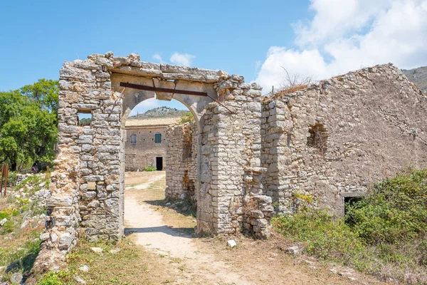 Taştan Yapılmış Evde Pantokrator Mountain Korfu Yunanistan Eski Perithia Terk — Stok fotoğraf