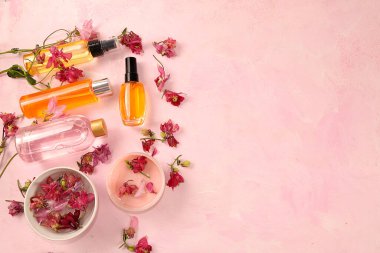 Vahşi arşivlerin pembe çiçeklerinden gelen kokulu suyla spa ve sağlık kompozisyonu, gül suyu ve vücut kremi ile aromaterapi ve cilt ve vücut bakımı, düz yayılma, yaşam tarzı konsepti,