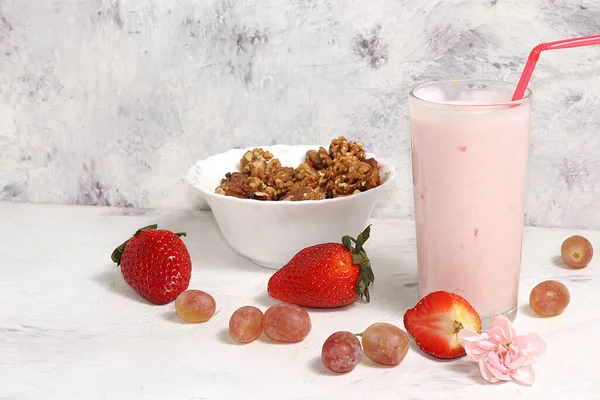 Useful Breakfast Food Children Strawberry Yogurt Smoothies Granola Light Table — Stock Photo, Image