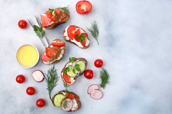 Dietary Bruschetta Cheese Cucumber Radish Red Fish Healthy Breakfast Ingredients — Stock Photo, Image