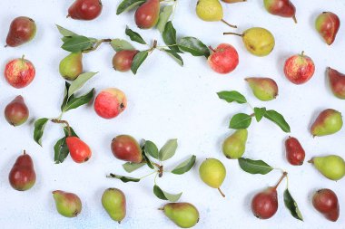 Elma ve armutların güneşli bir masada sonbahar kompozisyonu, Şükran Günü arkaplanı, hasat, sağlıklı doğal gıda konsepti, detoks diyeti ve vücut temizliği, yazı, afiş yeri