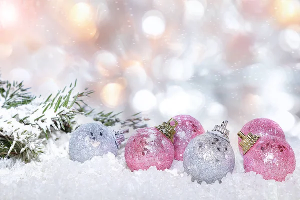 Noel Yeni Yıl Arkaplan Işıkları Kar Taneleri Süslemeli Dallar Yazı — Stok fotoğraf