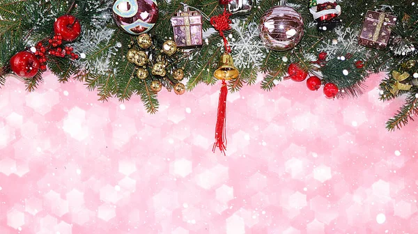 Christmas New Year Background Pink Stars Bokeh Lights Branches Cones — Stock Photo, Image