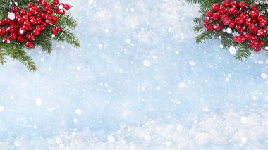 Yılbaşı ve yeni yıl arkaplanı mavi karlı arka planda, kar taneleriyle süslenmiş dallar için, yazı için yer. Tebrikler için yeni yıl kartı, seçici odaklanma, göstermek için pankart